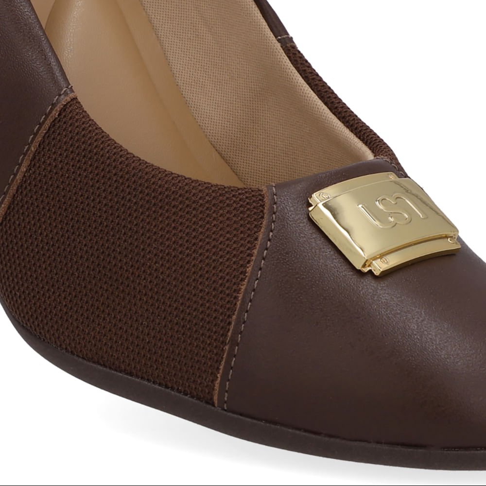 Scarpin Couro Marrom Pinhão Lateral Tecido Marrom 4