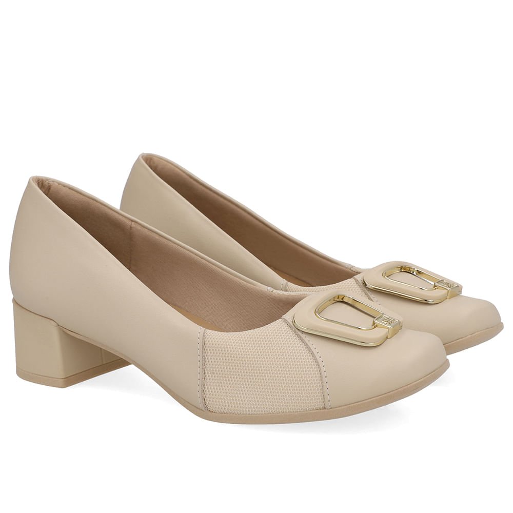 Scarpin Couro Bege Bico Quadrado Tecido Bege 2