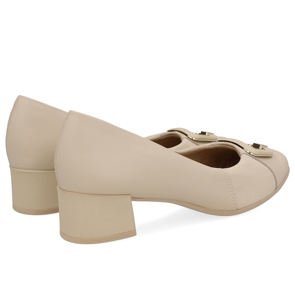 Scarpin Couro Bege Bico Quadrado Tecido Bege 3