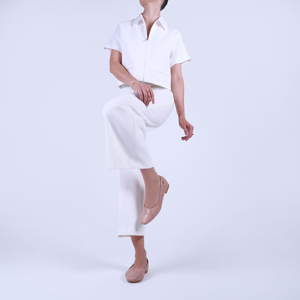 Sapatilha Bege Couro Bico Quadrado Tecido Bege 4