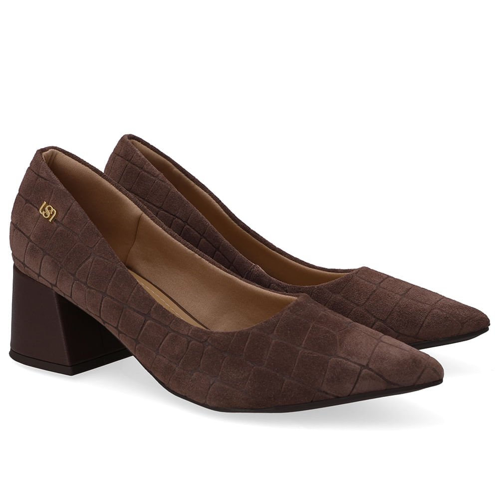Scarpin Marrom Bico Fino Croco Camurça Marrom 2