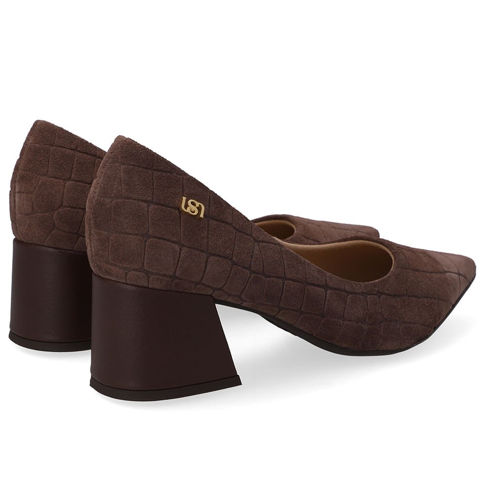Scarpin Marrom Bico Fino Croco Camurça Marrom 3