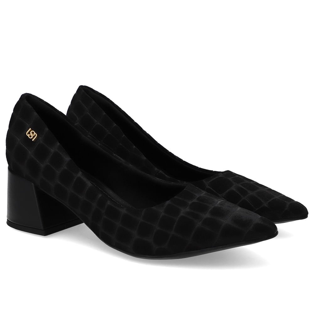 Scarpin Preto Bico Fino Croco Camurça Preto 2