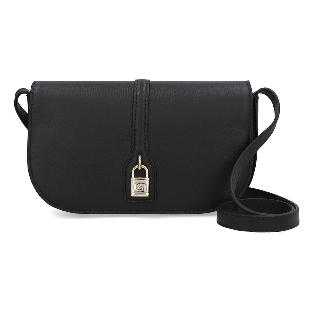 Bolsa Tiracolo Couro Preta Enfeite Cadeado