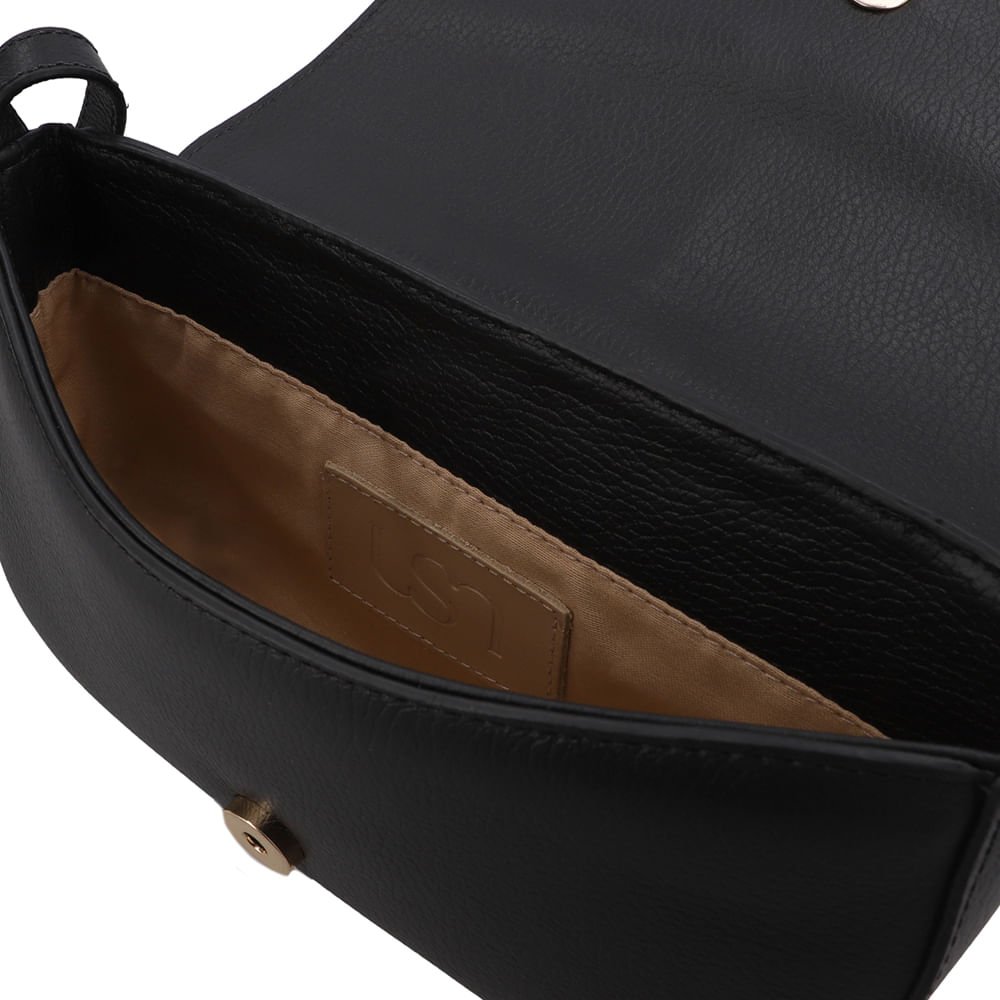 Bolsa Tiracolo Couro Preta Enfeite Cadeado Preto 3
