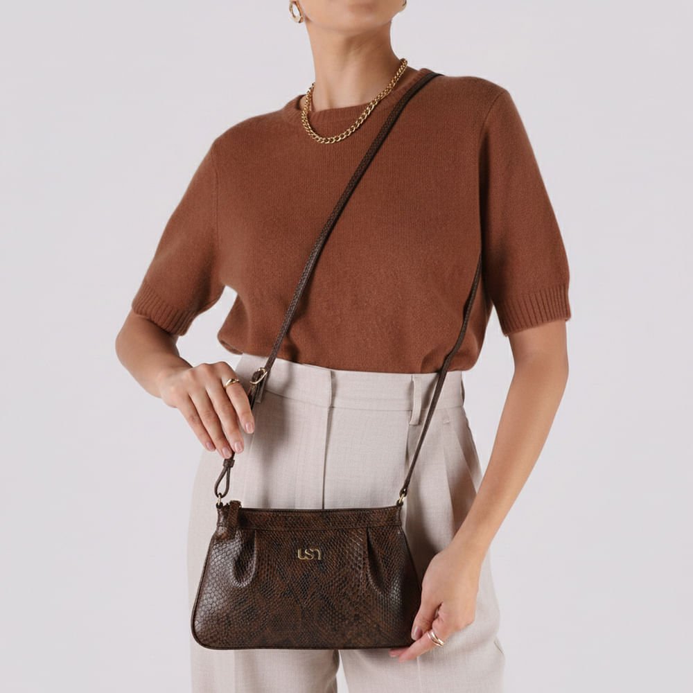 Bolsa Tiracolo Couro Snake Marrom Detalhe Franzido Marrom 4
