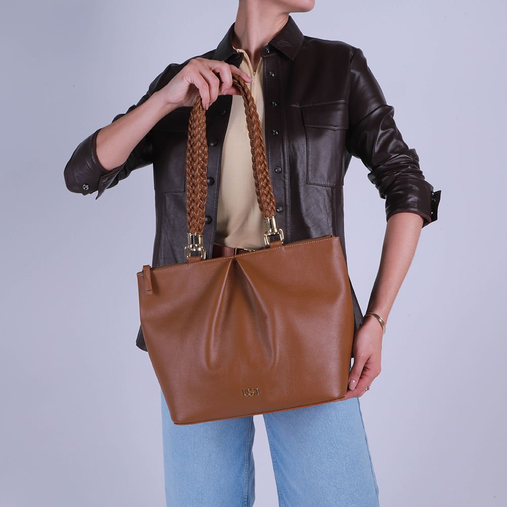 Bolsa Shopper Couro Marrom Canela Alça Trançada Marrom 4