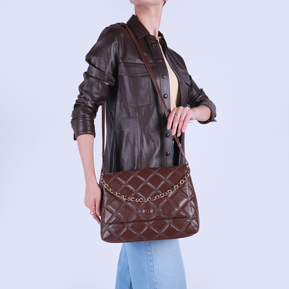 Bolsa Tiracolo Couro Marrom Matelassê Corrente Marrom 4
