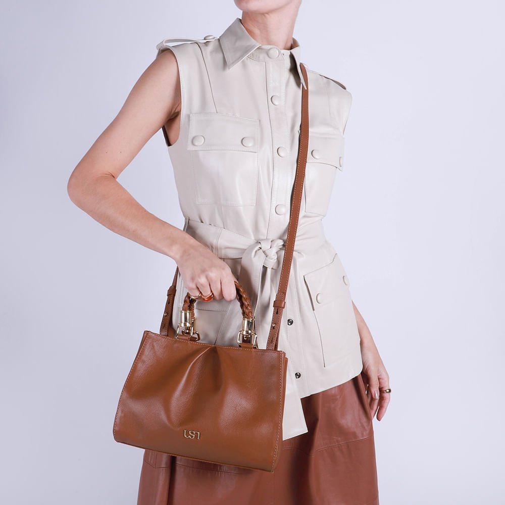 Bolsa Tote Couro Marrom Canela Alça Mão Trançada Marrom 4