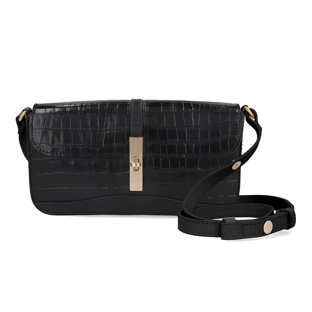 Bolsa Clutch Couro Croco Preto Alça Transversal
