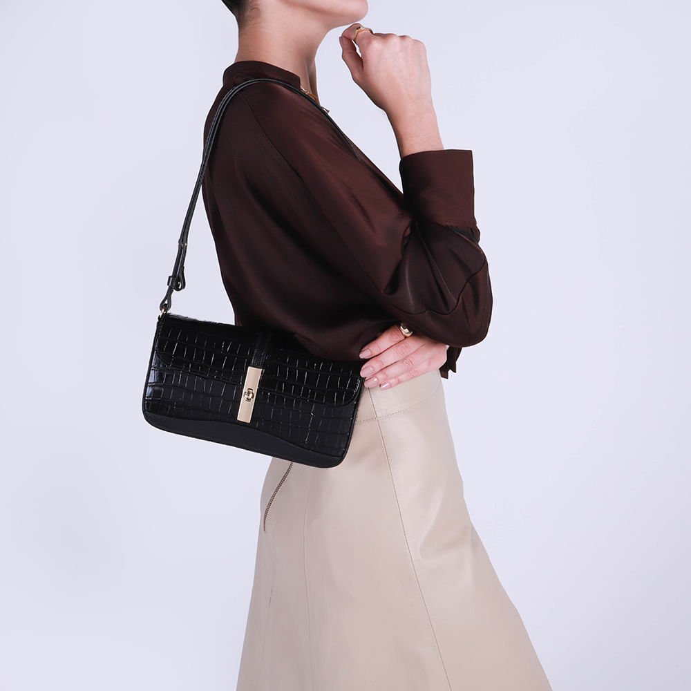 Bolsa Clutch Couro Croco Preto Alça Transversal Preto 4