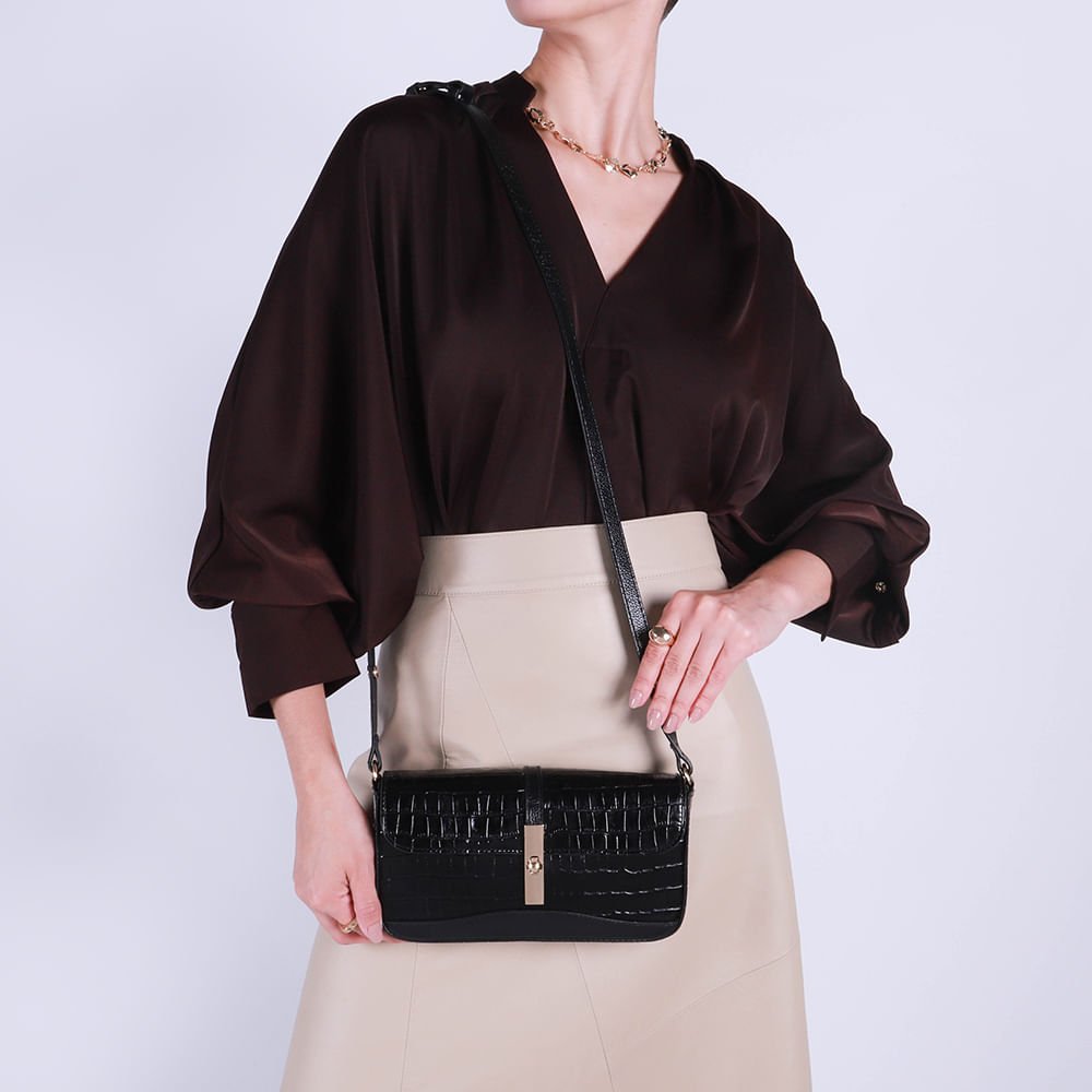 Bolsa Clutch Couro Croco Preto Alça Transversal Preto 5