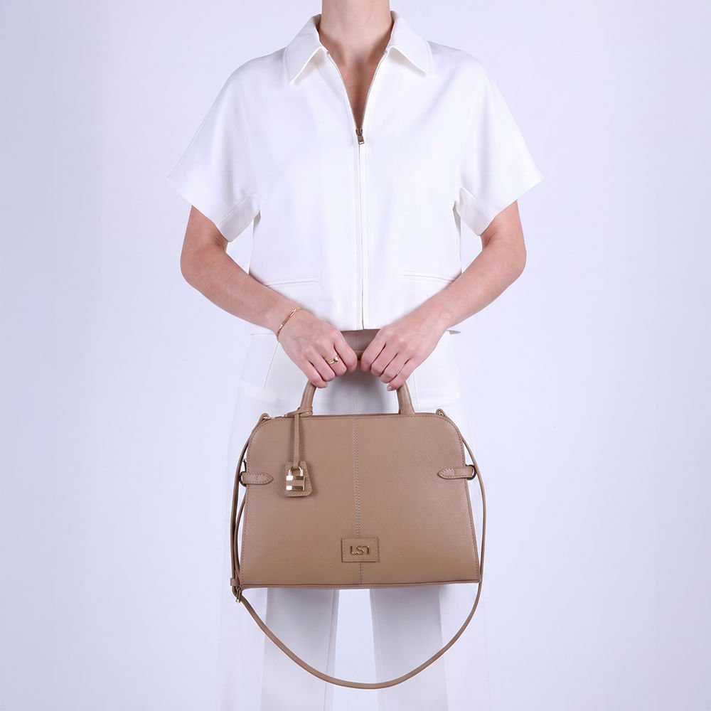 Bolsa Tote Couro Bege Costura Enfeite Bege 4