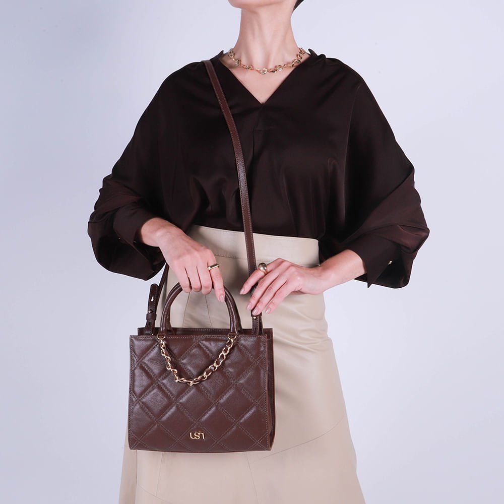 Bolsa Tote Couro Marrom Matelassê Corrente Marrom 4