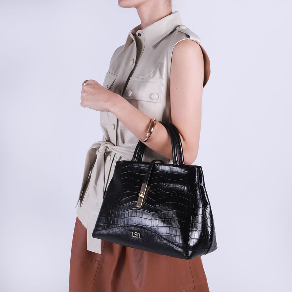 Bolsa Tote Couro Croco Preto Preto 6