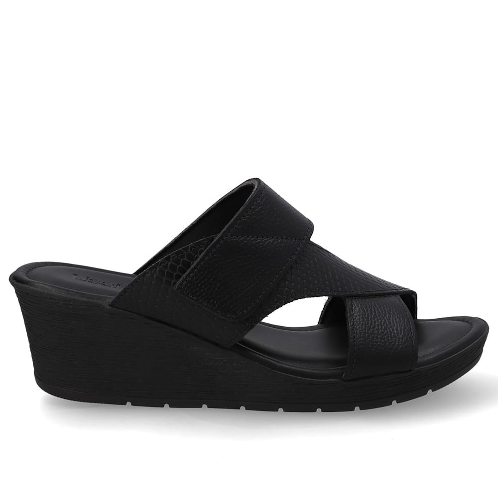 Tamanco Anabela Couro Preto Ajuste Fecho-Flex