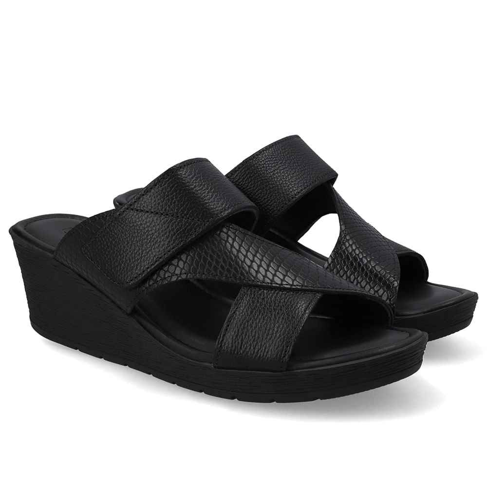 Tamanco Anabela Couro Preto Ajuste Fecho-Flex Preto 2