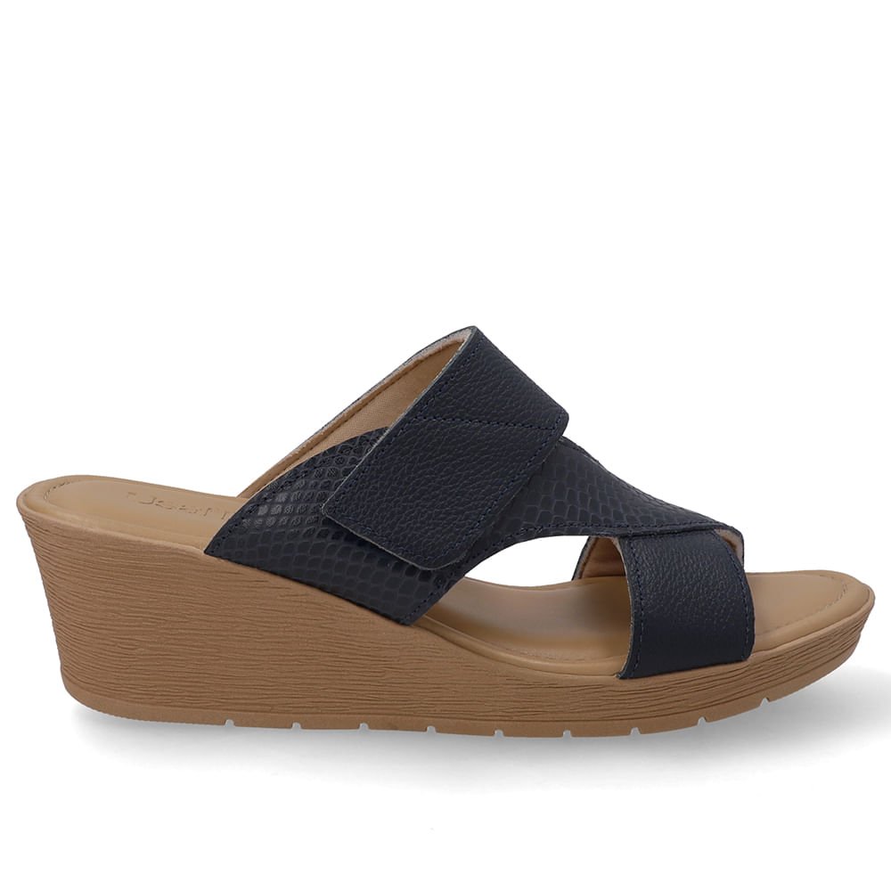 Tamanco Anabela Couro Azul Ajuste Fecho-Flex