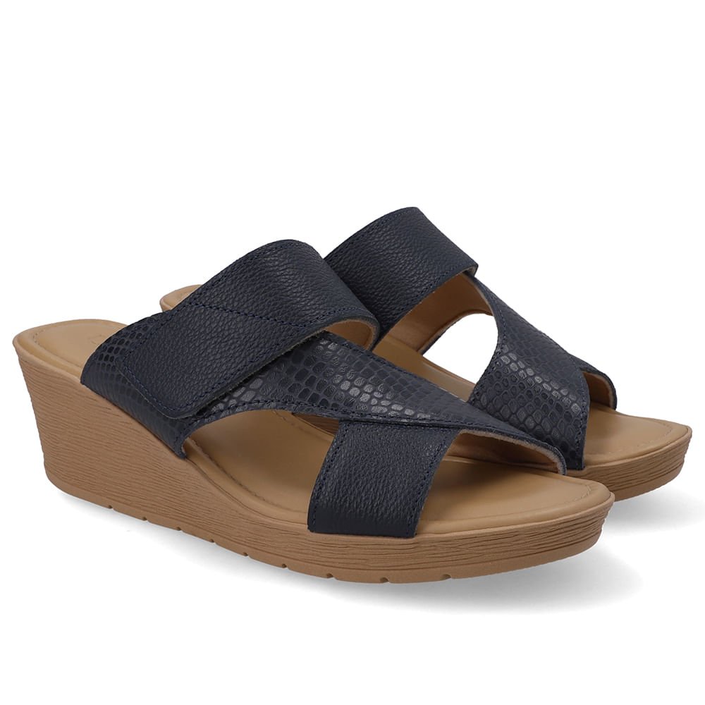 Tamanco Anabela Couro Azul Ajuste Fecho-Flex Azul 2
