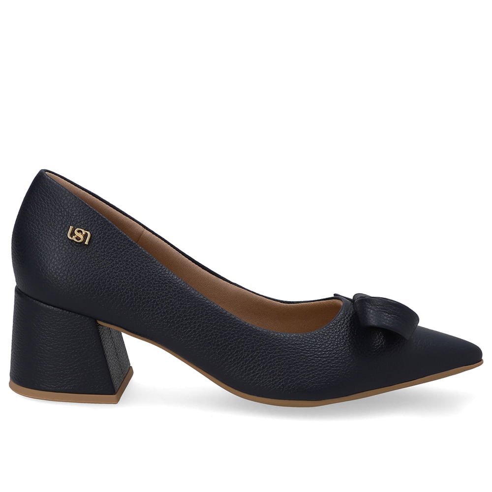 Scarpin Azul Bico Fino Couro Laço