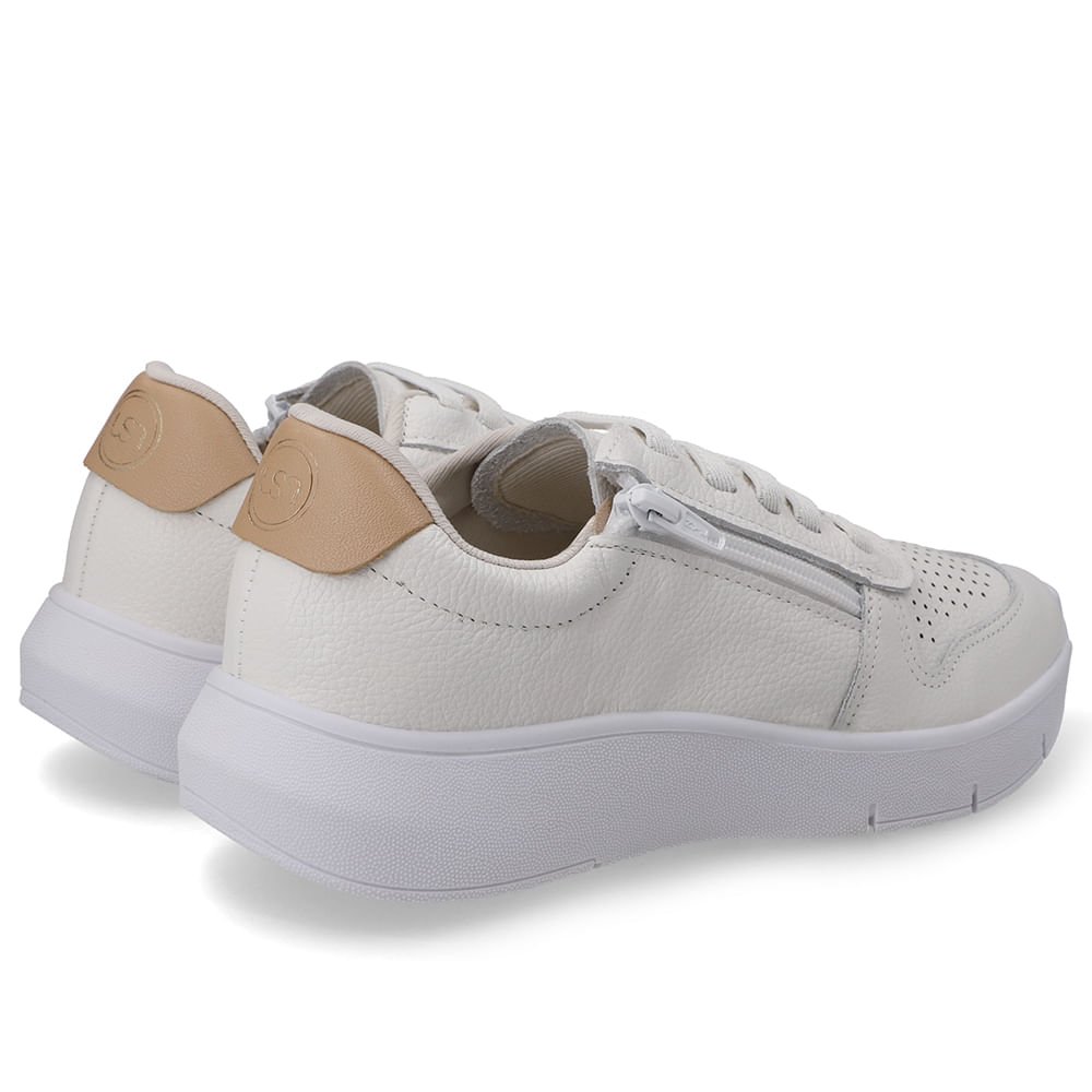 Tênis Couro Branco Zíper Lateral Cadarço Elástico Branco 3