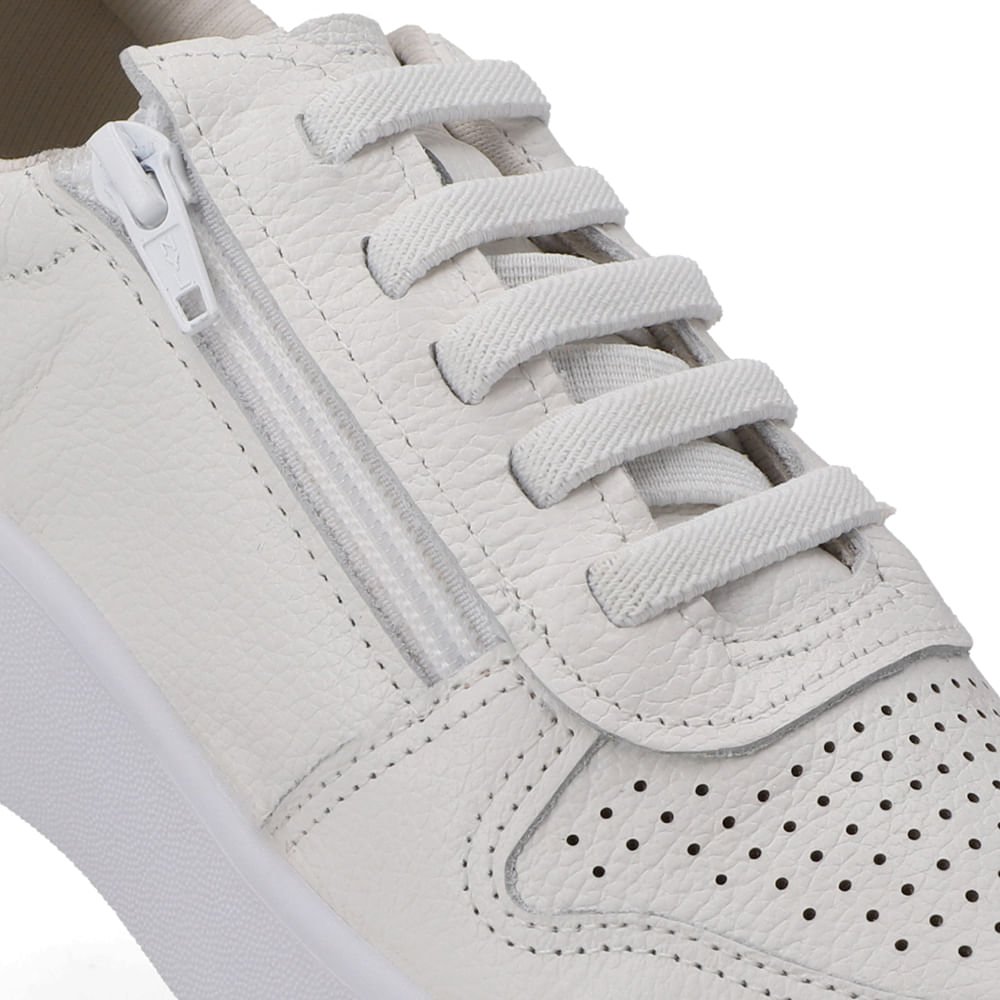 Tênis Couro Branco Zíper Lateral Cadarço Elástico Branco 4