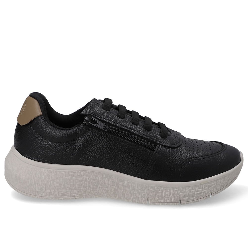Tênis Couro Preto Zíper Lateral Cadarço Elástico