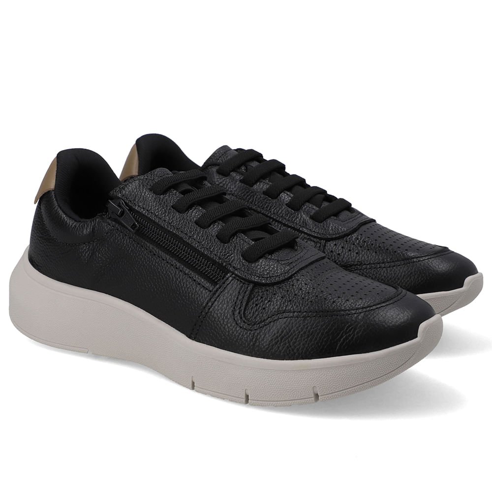Tênis Couro Preto Zíper Lateral Cadarço Elástico Preto 2