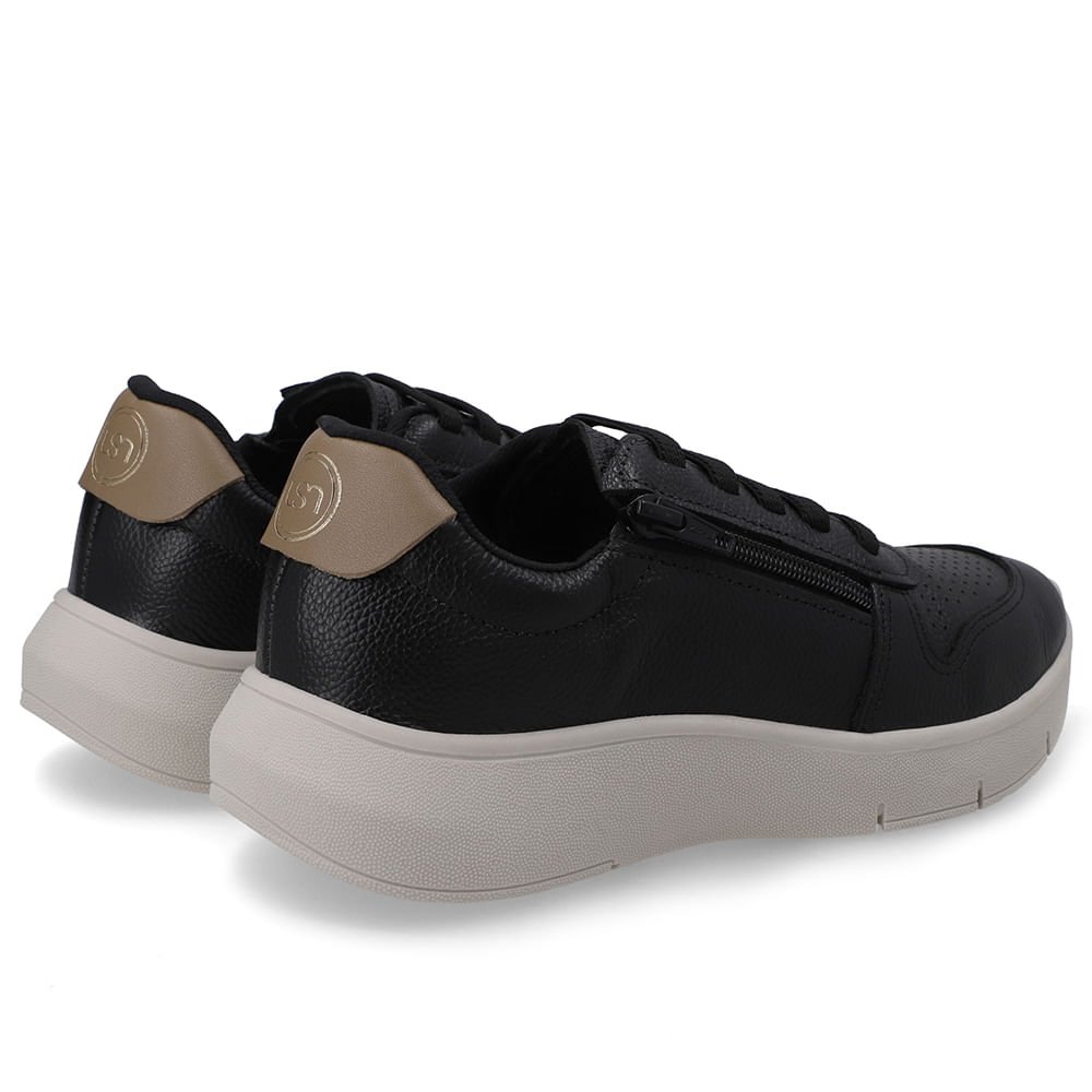 Tênis Couro Preto Zíper Lateral Cadarço Elástico Preto 3