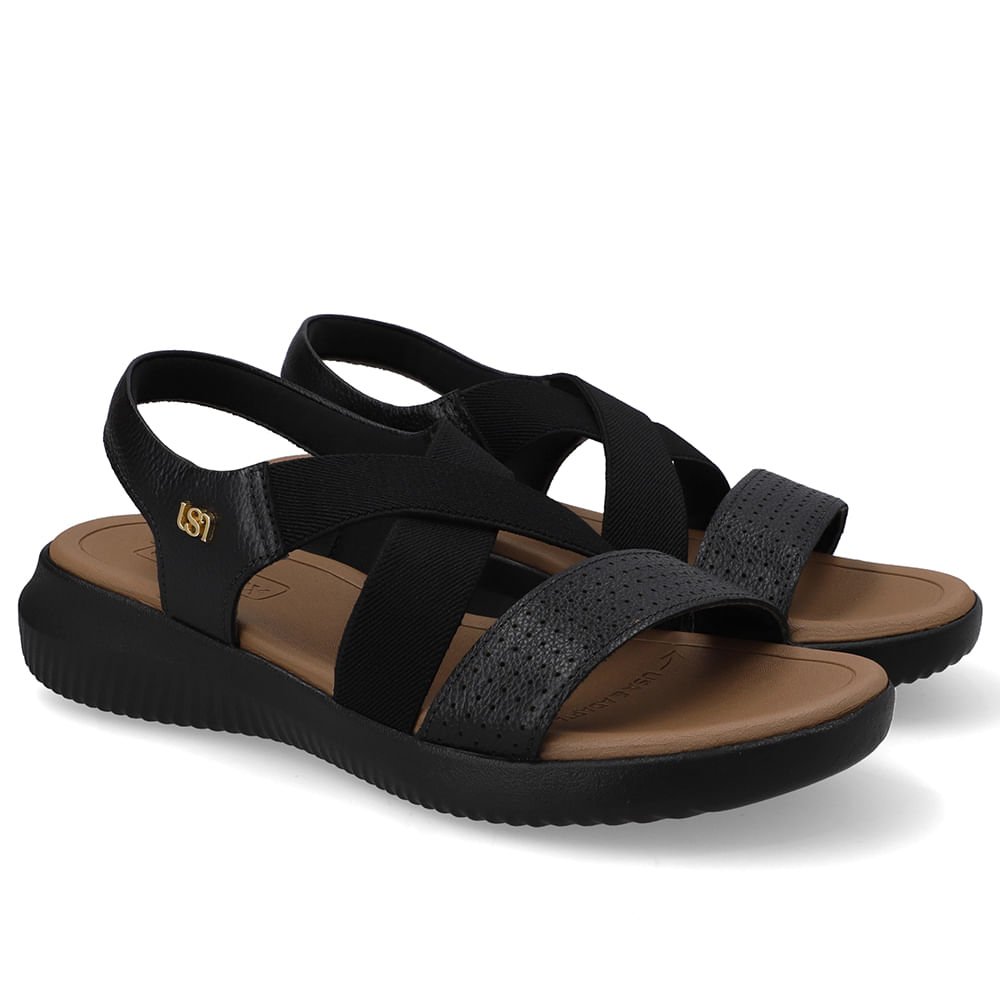 Sandália Bico Redondo Couro Preta Elástico Preto 2