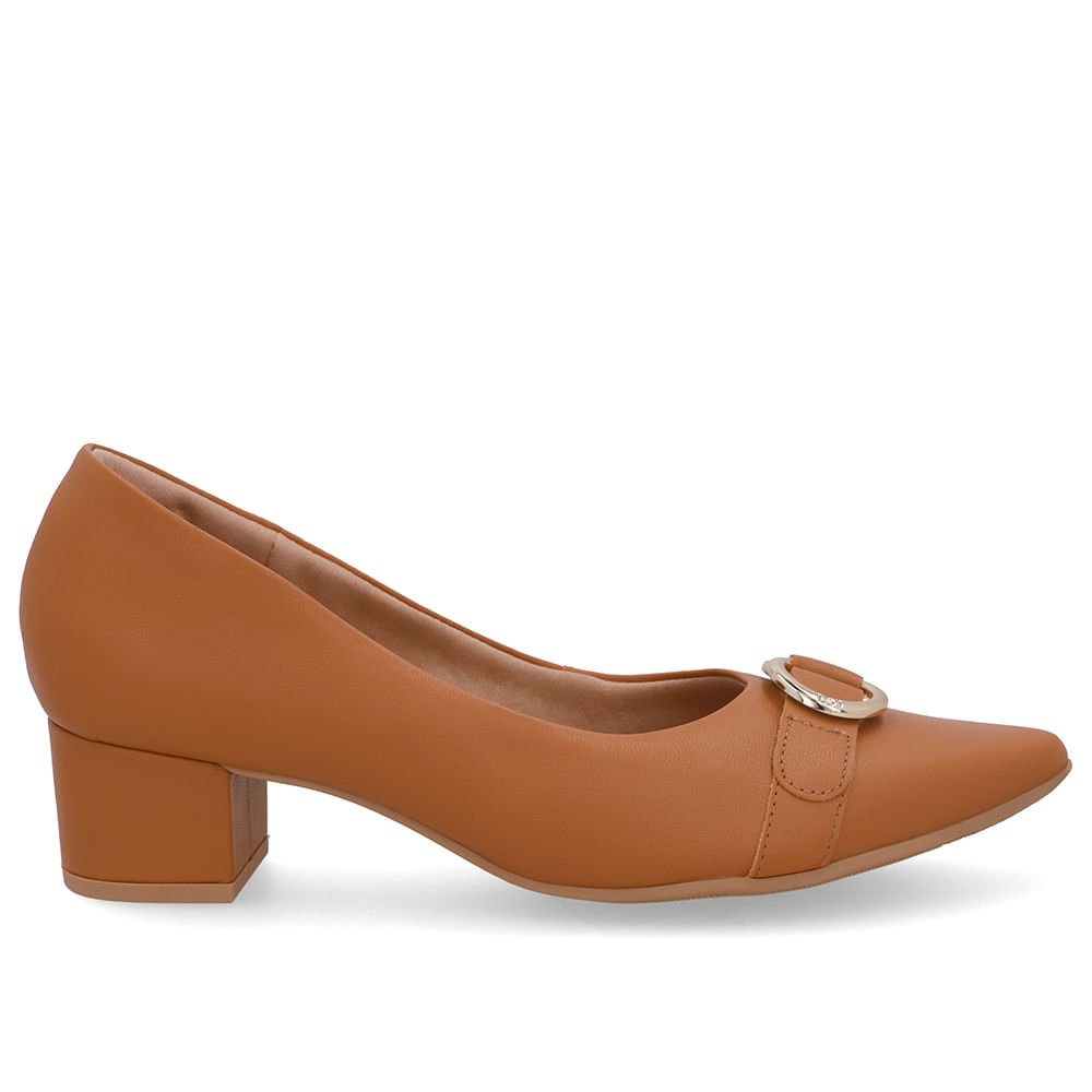 Scarpin Couro Marrom Salto Bloco Bico Fino