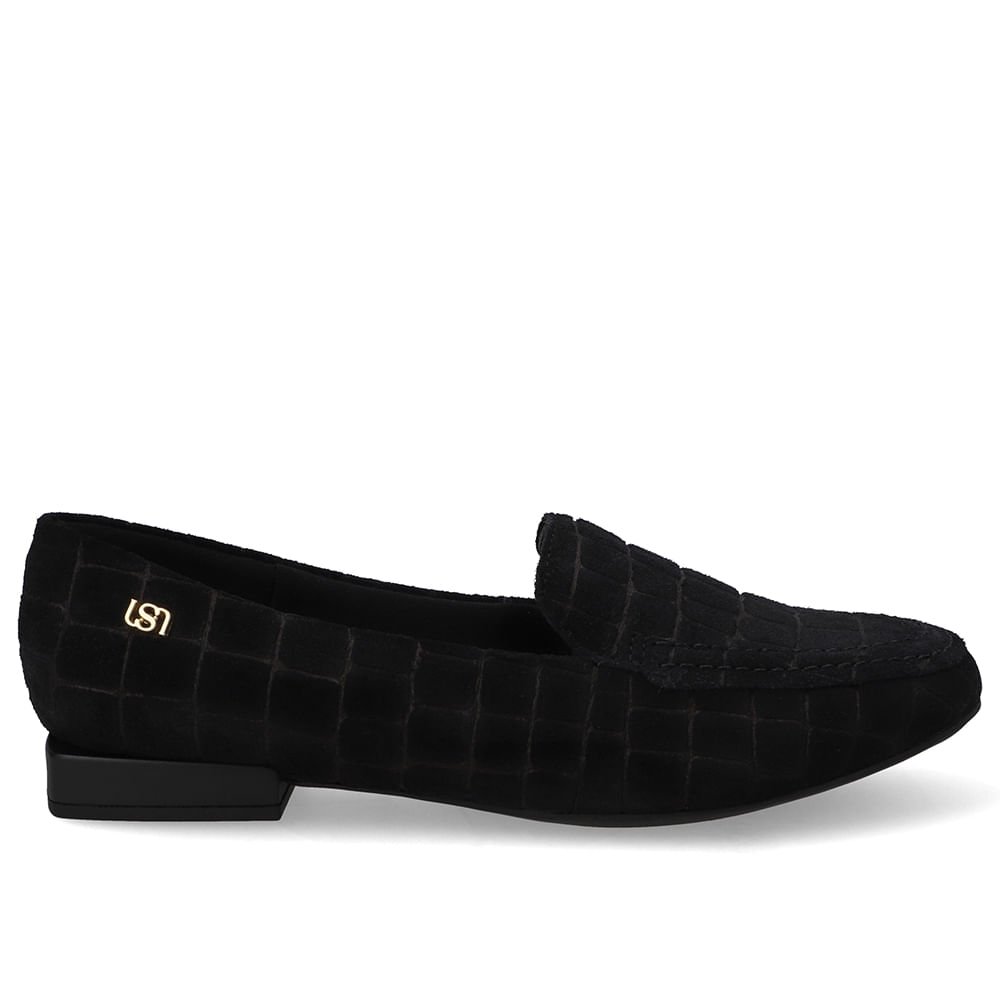 Loafer Preto Croco Camurça Salto Bloco