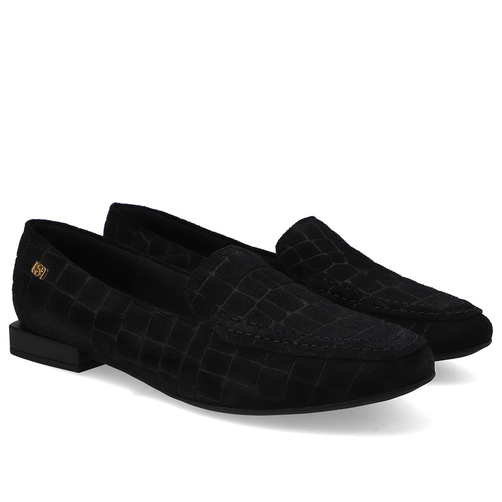 Loafer Preto Croco Camurça Salto Bloco Preto 2