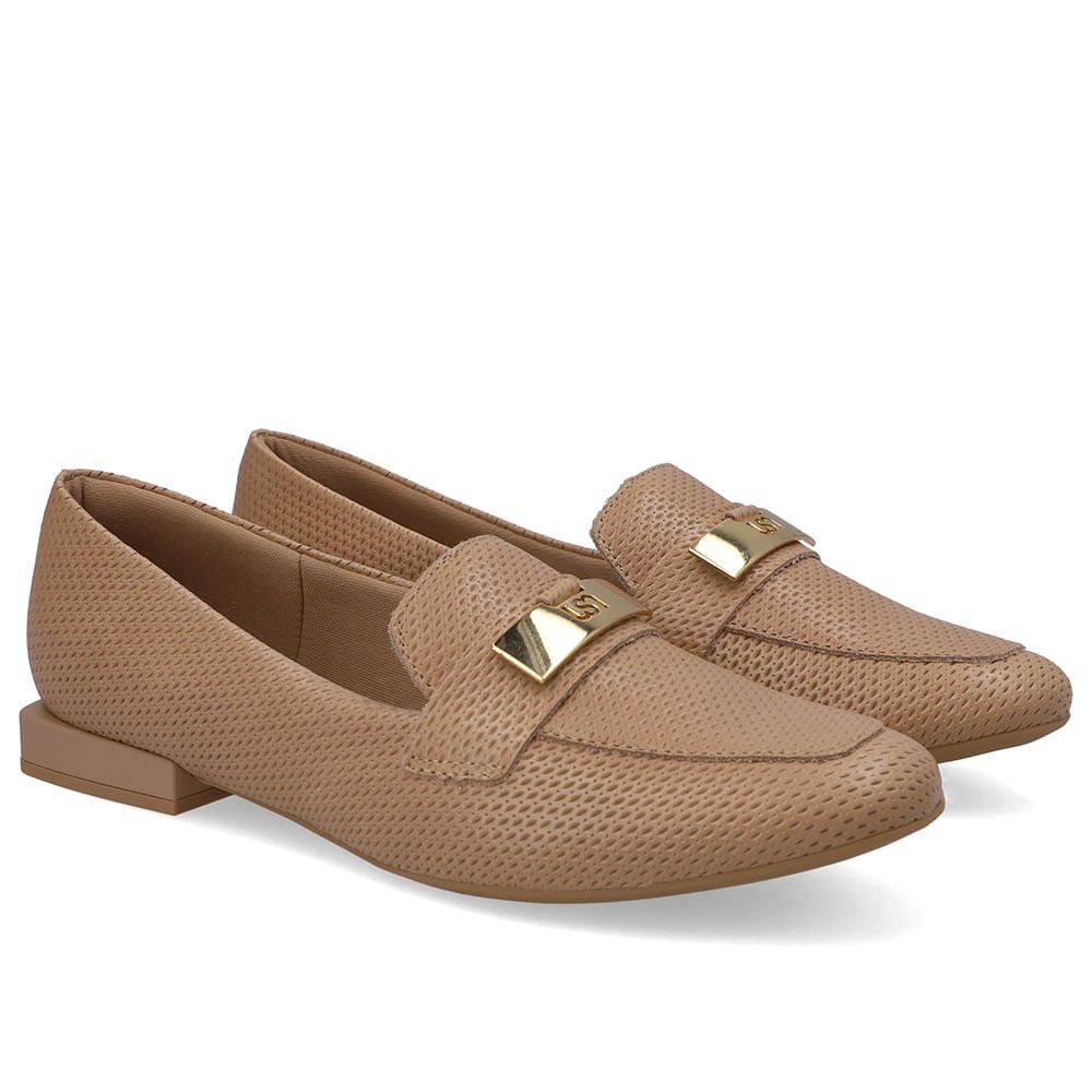 Loafer Bege Couro Salto Bloco Chapa Monograma Bege 2