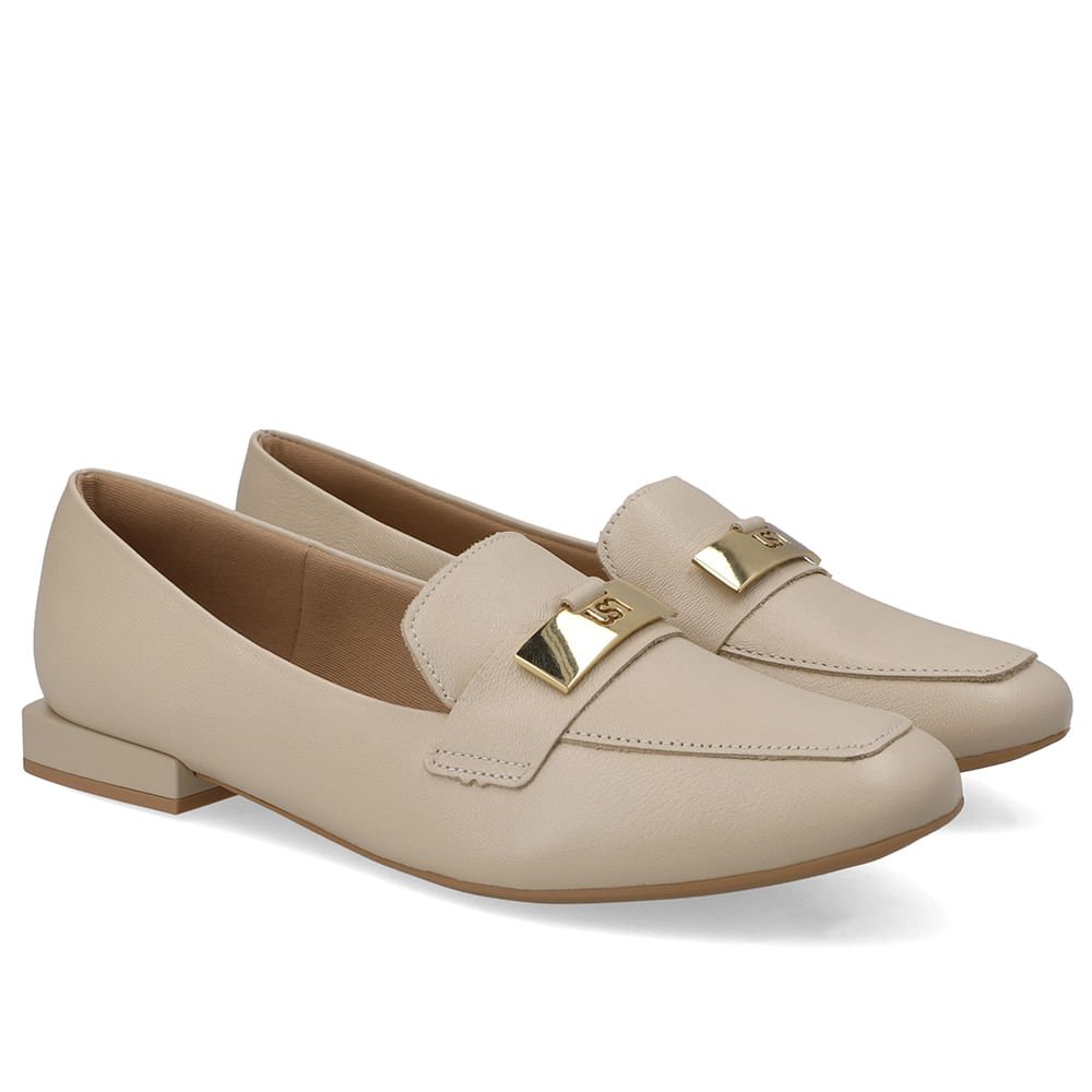 Loafer Bege Couro Salto Bloco Chapa Monograma Bege 2