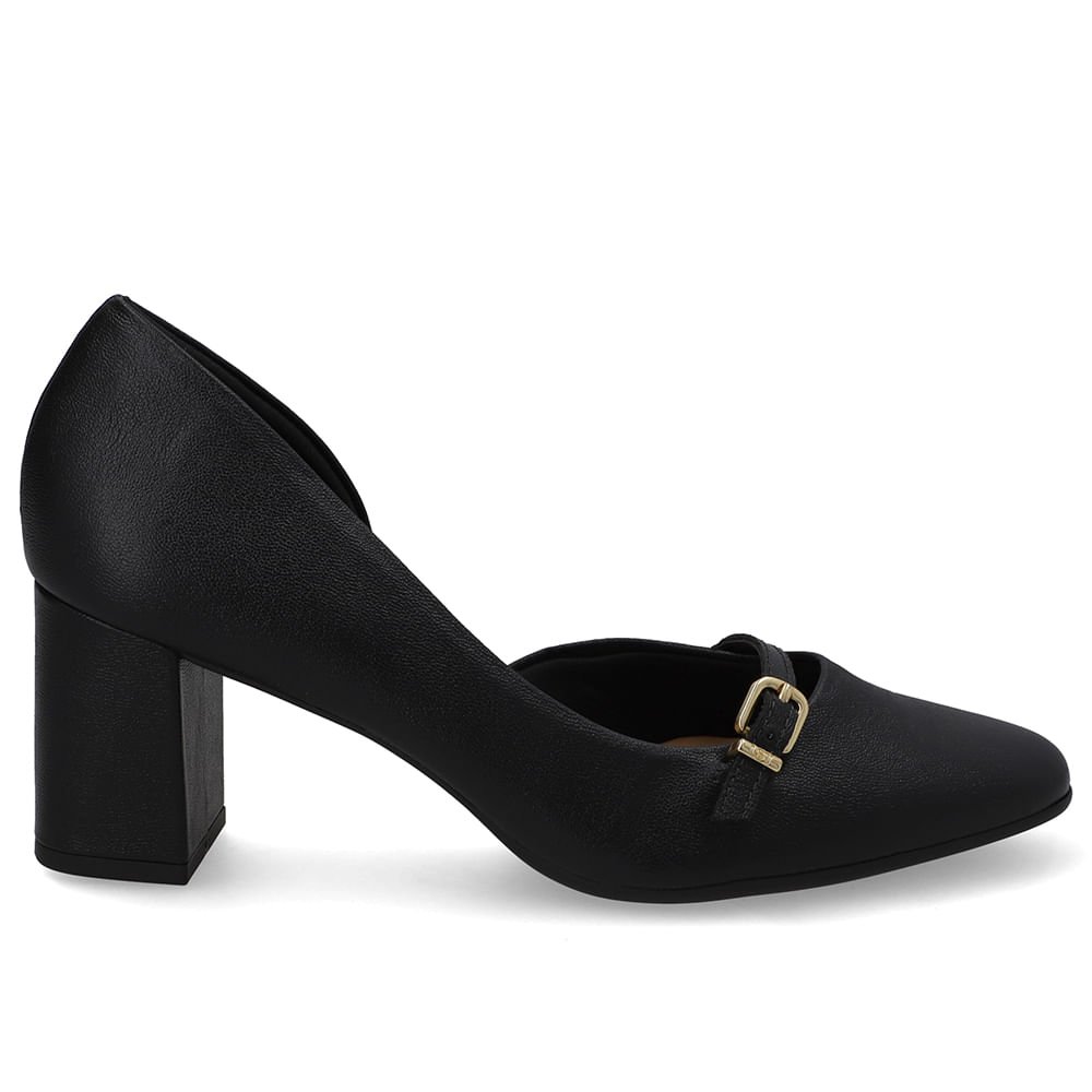 Scarpin Preto Bico Redondo Couro Tira Enfeite