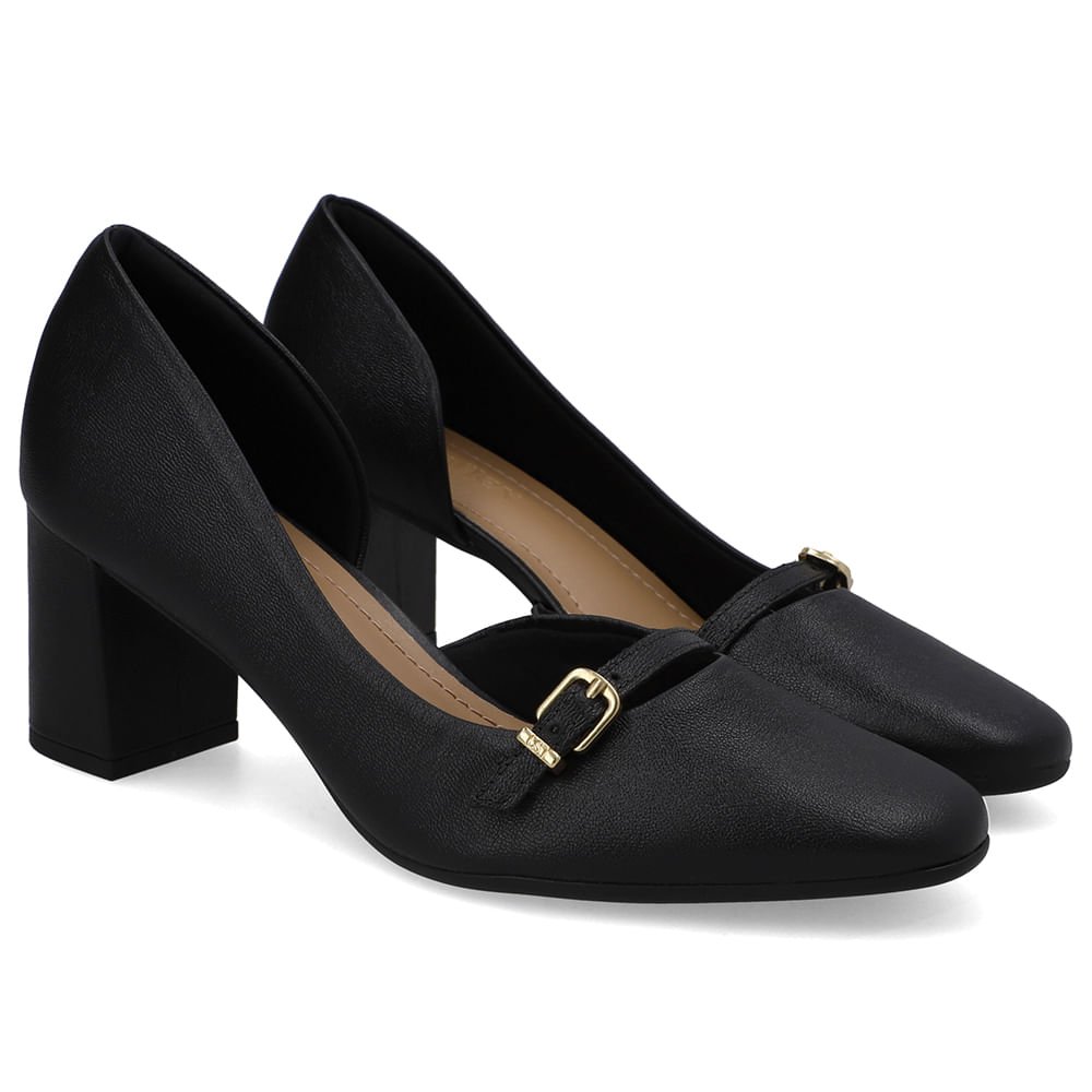 Scarpin Preto Bico Redondo Couro Tira Enfeite Preto 2