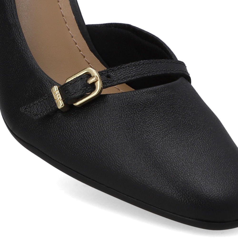 Scarpin Preto Bico Redondo Couro Tira Enfeite Preto 4