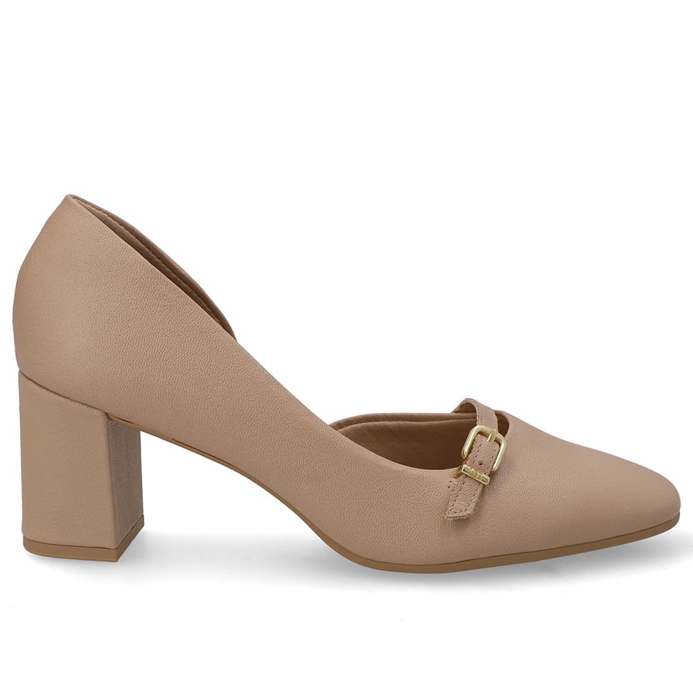 Scarpin Bege Bico Redondo Couro Tira Enfeite