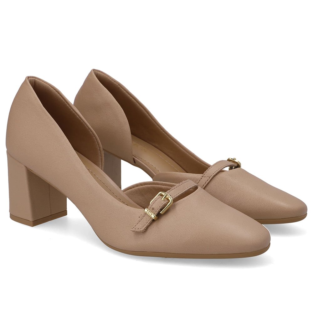 Scarpin Bege Bico Redondo Couro Tira Enfeite Bege 2