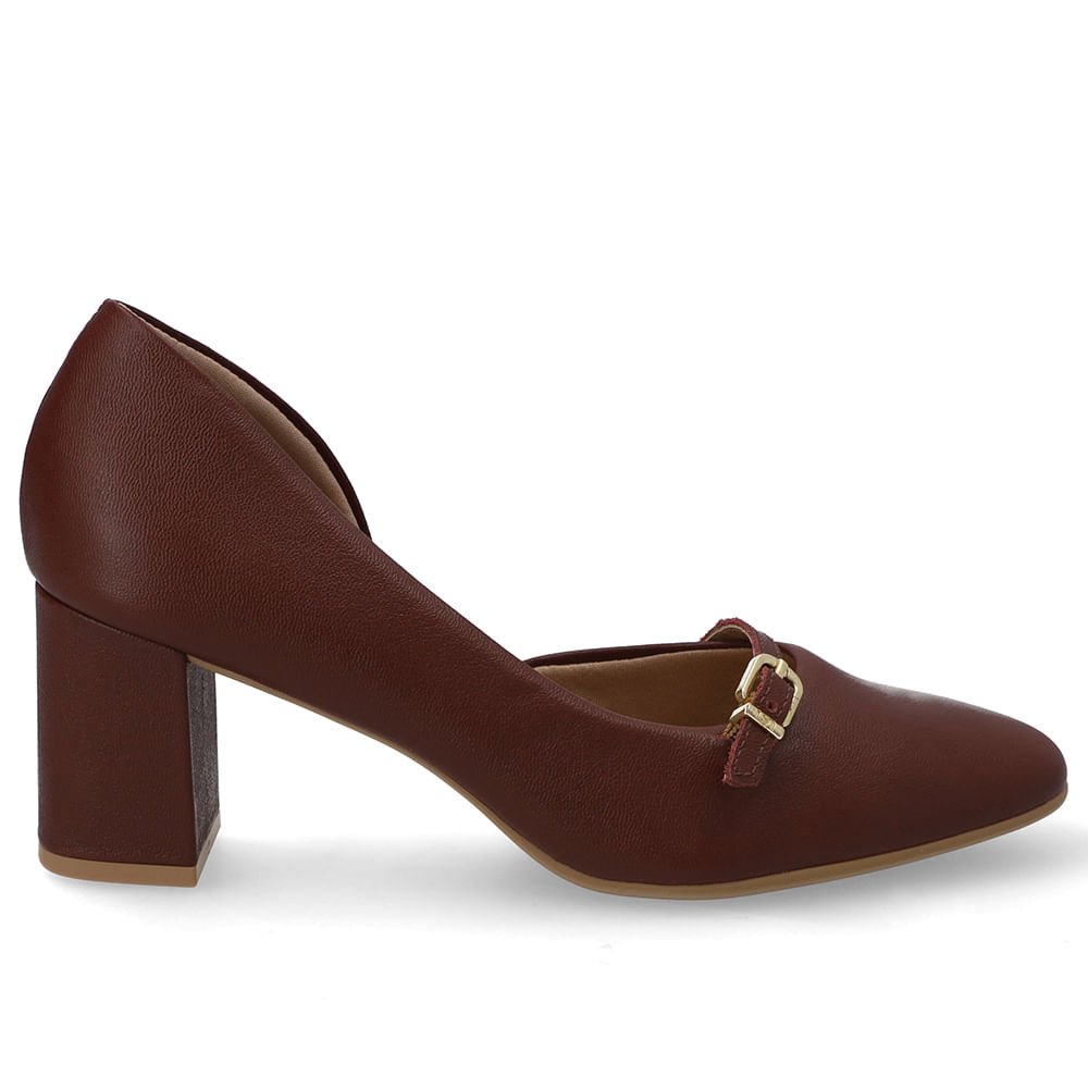 Scarpin Vermelho Bico Redondo Couro Tira Enfeite