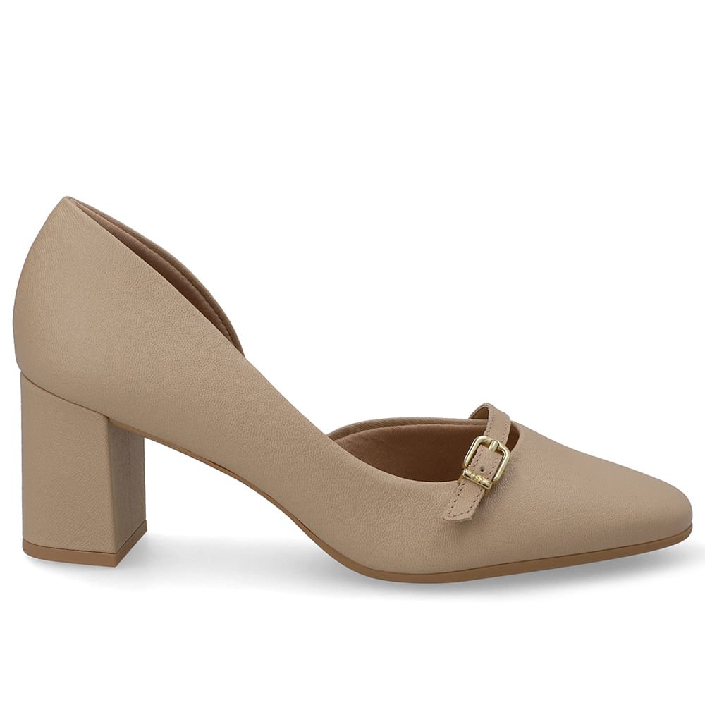 Scarpin Bege Bico Redondo Couro Tira Enfeite