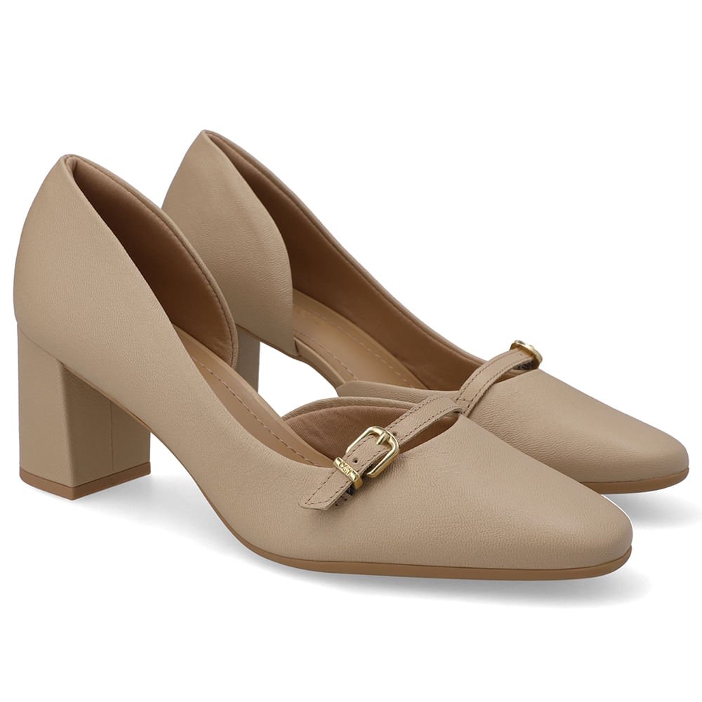 Scarpin Bege Bico Redondo Couro Tira Enfeite Bege 2