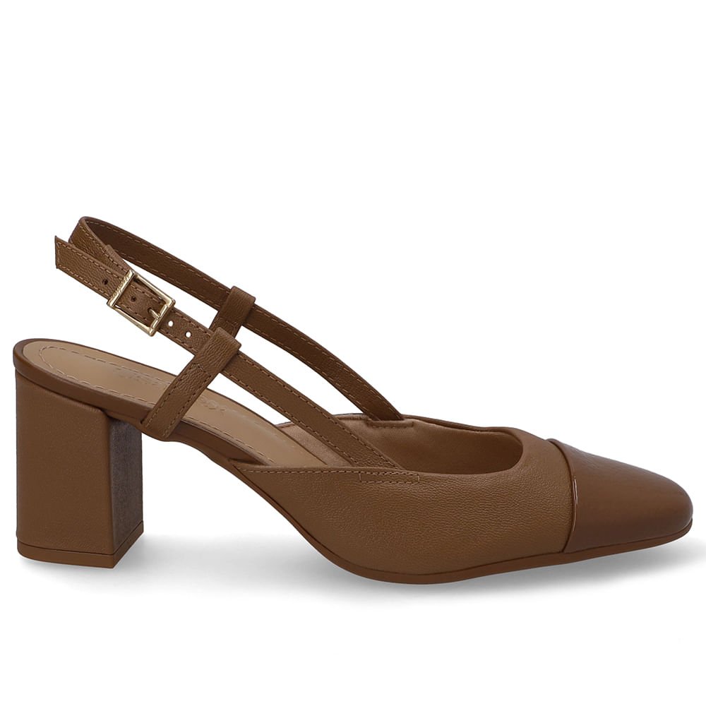 Slingback Couro Marrom Bico Redondo Verniz