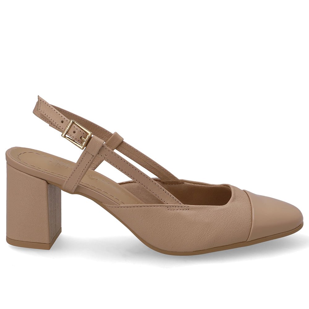 Slingback Couro Bege Bico Redondo Verniz