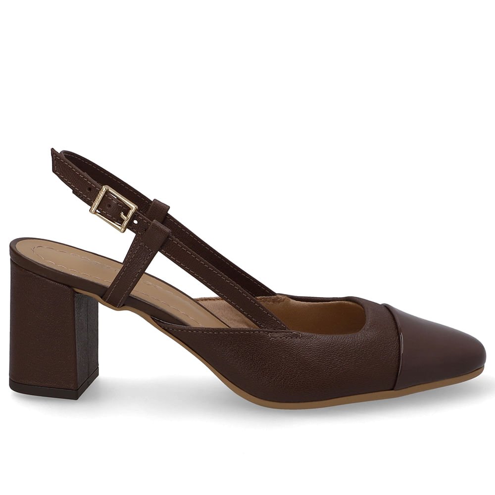 Slingback Couro Marrom Bico Redondo Verniz