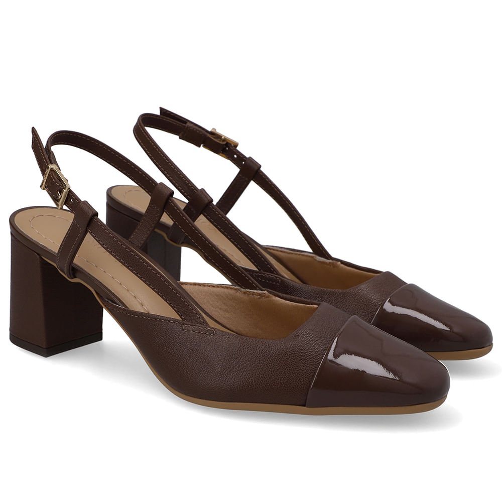 Slingback Couro Marrom Bico Redondo Verniz Marrom 2