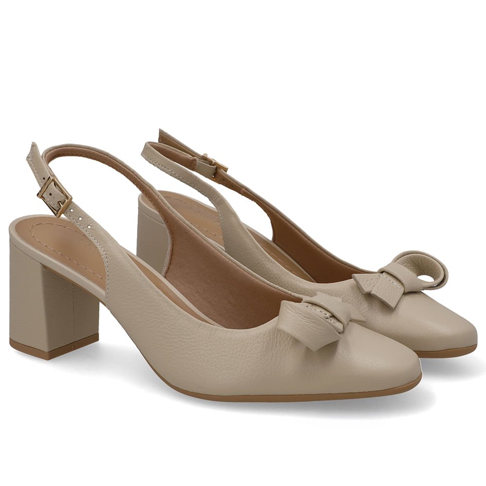 Slingback Couro Bege Bico Redondo Bege 2