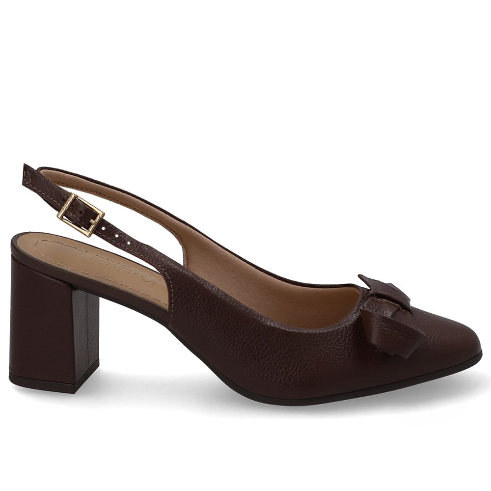 Slingback Couro Marrom Bico Redondo