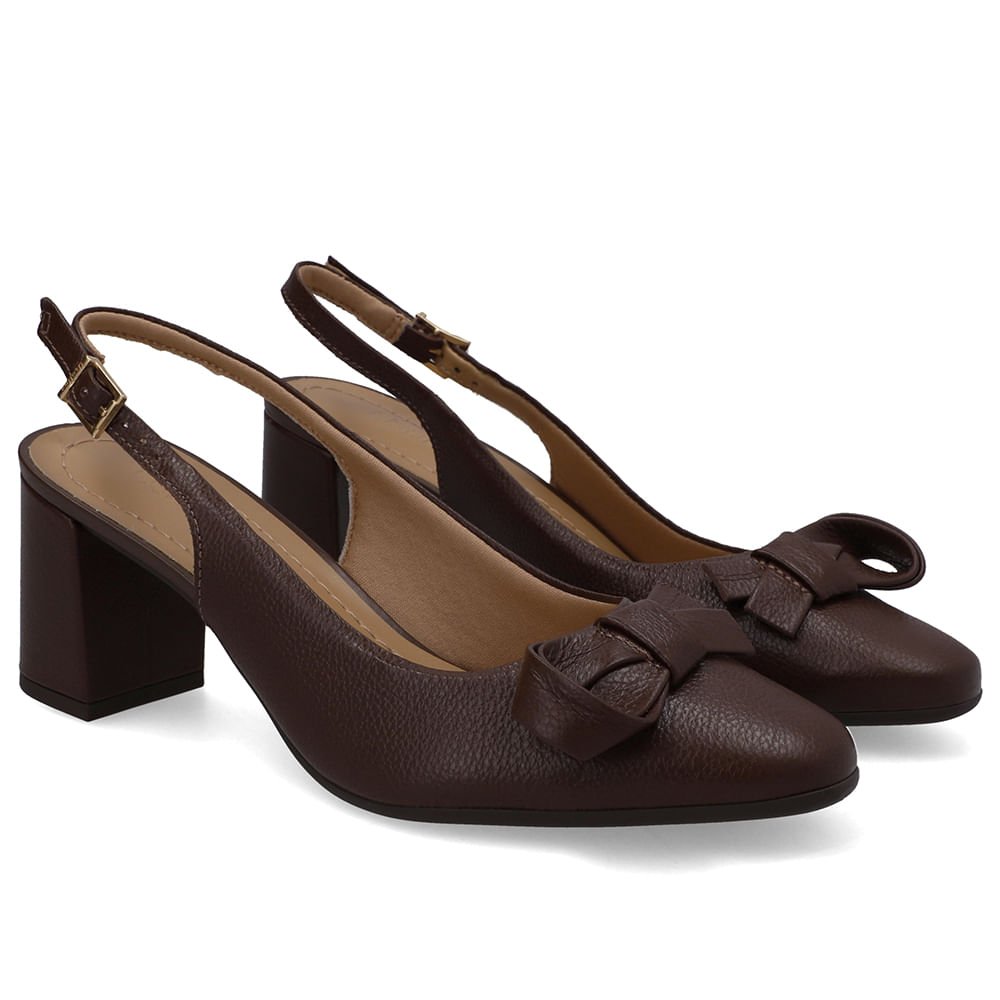 Slingback Couro Marrom Bico Redondo Marrom 2